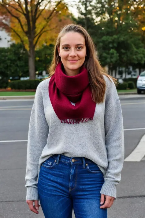 <lora:Face:0.85>, realistic photo of a woman, wearing a turtleneck sweater, wearing jeans, wearing a scarf, looking at the camera, highly detailed, medium shot