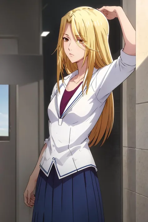 ultra detailed, sharp focus, best quality, masterpiece, colorful, high contrast, dynamic lighting, intricate details, 1girl, solo, <lora:NSArisaBasket:1> NSArisaBasket, blonde hair, hair over one eye, school uniform, looking at the viewer