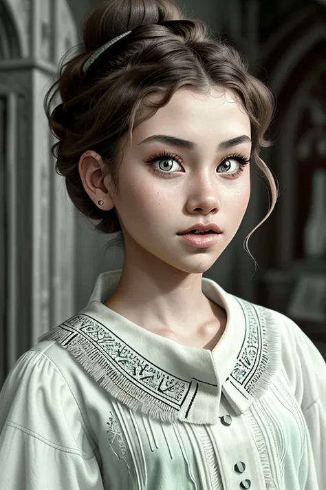 vexel style, sharp, clean, vector-based, highly detailed (high angle, closeup on face:1.2) photo of <lora:AlexandraLenarchyk_v1:.9> AlexandraLenarchyk, she is wearing leaf print blouse , she is wearing shawl, her hair is styled as double dutch bun, BREAK she is (in an abandoned castle:1.1), warm golden hour lighting, desaturated grunge filter,(Ilford HP5 Plus:1.6) ,