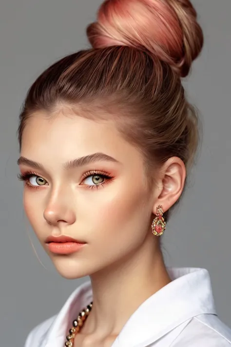 AlexandraLenarchyk <lora:AlexandraLenarchyk_v1:.9>, focus on eyes, close up on face, pouting, wearing jewelry, Dark salmon color hair styled double bun