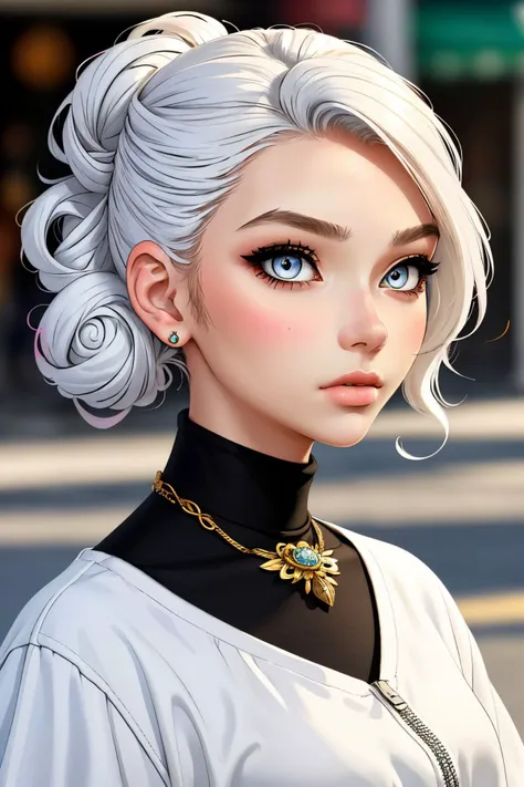 street art style, urban, vibrant, stencil art, highly detailed <lora:AlexandraLenarchyk_v1:.9> AlexandraLenarchyk, focus on eyes, close up on face, pouting, wearing jewelry, white color hair styled Curly Twisted Updo