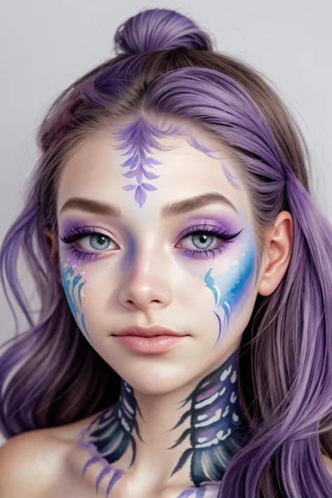 <lora:AlexandraLenarchyk_v1:.9> AlexandraLenarchyk, close up on face, focus on eyes, (watercolor lavender face paint:1.2)