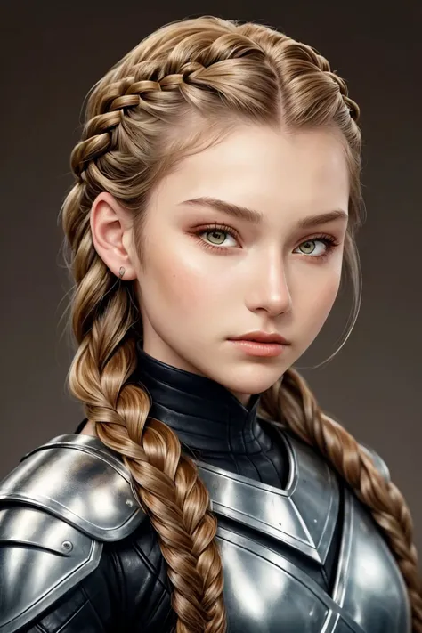 headshot photo of AlexandraLenarchyk <lora:AlexandraLenarchyk_v1:.9>, focus on face, wearing leather armor , her hair is styled as dutch fishtail crown braid,