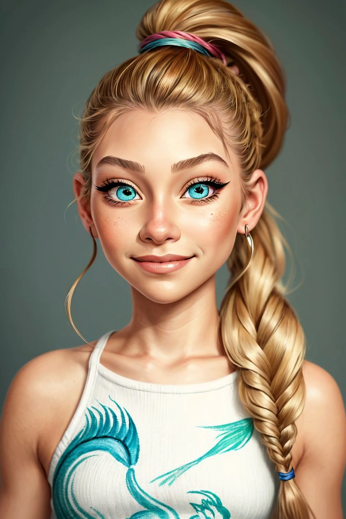 chalk art style, textured, vibrant, hand-drawn, detailed <lora:AlexandraLenarchyk_v1:.9> AlexandraLenarchyk, focus on eyes, close up on face, grinning, hair styled fishtail ponytail