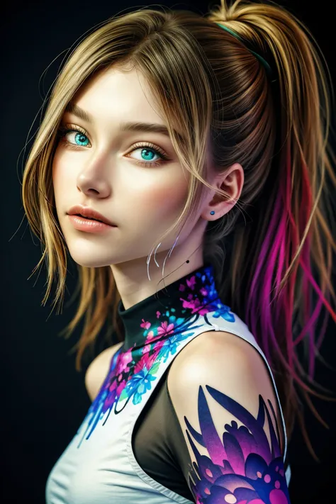 realistic photo of <lora:AlexandraLenarchyk_v1:.9> AlexandraLenarchyk, ink splash, colorful, fractal