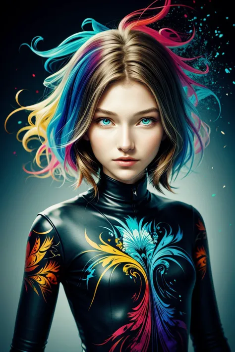 realistic photo of <lora:AlexandraLenarchyk_v1:.9> AlexandraLenarchyk, ink splash, colorful, fractal