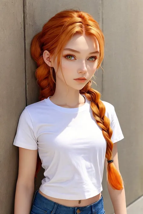 upper body photo of AlexandraLenarchyk <lora:AlexandraLenarchyk_v1:.9>, focus on face, wearing a tshirt and jeans , her golden-orange color hair is styled as snake braid,