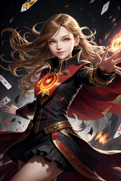 <lora:AlexandraLenarchyk_v1:.9> AlexandraLenarchyk portrait, solo, (full body:0.6), detailed background, detailed face, (<lora:UltraBlackholeTech:0.6>, excessive energy, ulblackholetech theme:1.1), wide smile, (card-wizard:1.05), gambler, Mango Tango magician outfit, dynamic pose, (cards floating in the air:1.15), <lora:LightingVFX:0.2>, lightning in background, wind blowing, ethereal atmosphere,