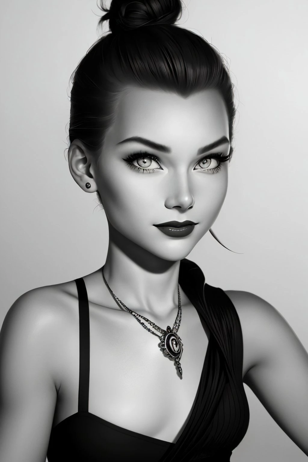 (film noir style, black and white, high contrast, mystery, detailed:1.2) <lora:AlexandraLenarchyk_v1:.9> AlexandraLenarchyk, focus on eyes, close up on face, laughing, wearing jewelry, hair styled fishtail messy bun