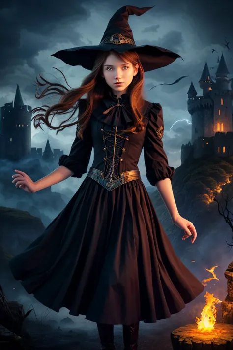 __demoran/composite/showcase(girl=<lora:AlexandraLenarchyk_v1:.9> AlexandraLenarchyk looking at viewer, solo, upper body, detailed background, (<lora:ChronomancyAI:0.5>, ChronomancyAI, chronomancy theme:1.1), witch hat, witch, magical atmosphere, hair flowing in the wind, blue trimmed dark colored clothes, dynamic pose, whirlwind of glowing elemental lightning in the air, dark magic, floating particles, ruined castle background, dim light,)__