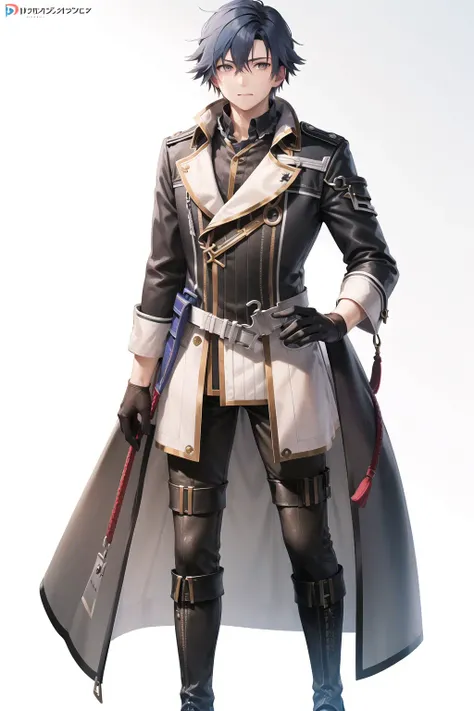 masterpiece,best quality,rean schwarzer, 1boy, weapon, solo, gloves, male focus, sword, boots, black gloves, full body, coat, sheath, belt, pants, white background, knee boots, standing, necklace, jewelry, blue hair, black pants, sheathed, brown footwear, shirt, looking at viewer, copyright name, simple background, clenched hand, black hair,  <lora:ReanSchwarzer:0.8>