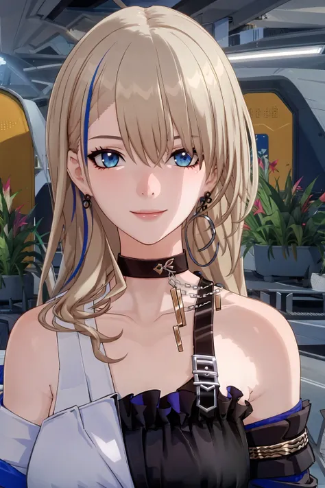1girl, bangs, bare shoulders, black choker, blue eyes, blue hair, brown hair, choker, closed mouth, collarbone, dress, earrings, feathers,large breasts, jewelry, long hair, looking at viewer, multicolored hair, plant, serval landau, single earring, smile, solo, streaked hair, upper body,(masterpiece),(best quality)