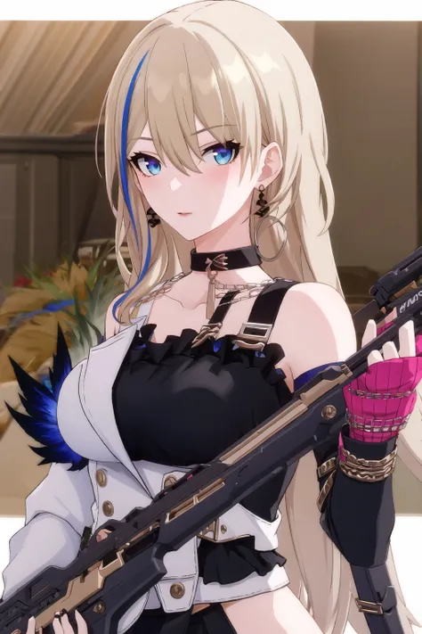 1girl, bangs, black choker, black shirt, blonde hair, blue eyes, choker, earrings, gloves, gun, hair between eyes, holding, holding gun, holding weapon, jacket, jewelry, long hair, long sleeves, looking at viewer, medium breasts, multicolored hair, rifle, serval landau, solo, streaked hair, upper body, white jacket,(masterpiece),(best quality)