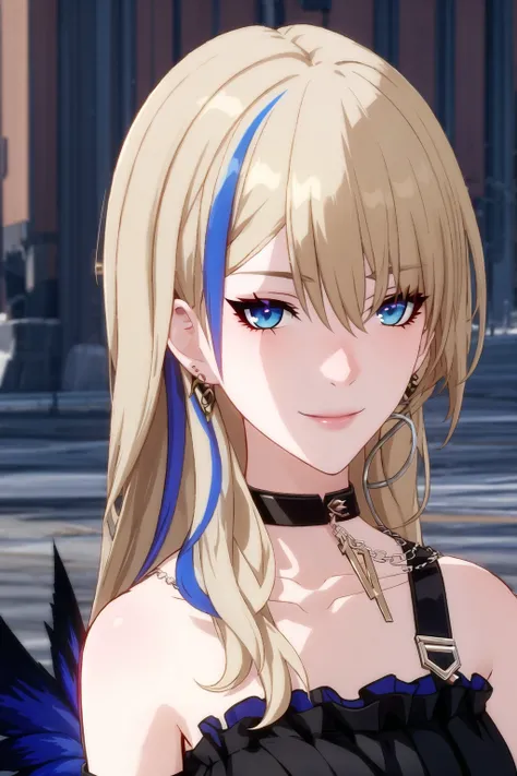 1girl, bangs, bare shoulders, black choker, blonde hair, blue eyes, blue hair, chain, choker, closed mouth, collarbone, earrings, hair between eyes, hoop earrings, jewelry, long hair, looking at viewer, multicolored hair, necklace, outdoors, portrait, serval landau, smile, solo, streaked hair