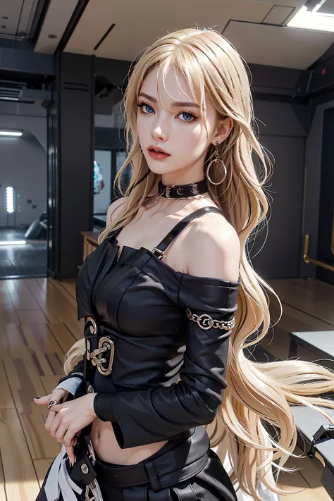 (masterpiece, best quality, realistic, 1girl, solo, tall, absurdres, super slim model, ultra-detailed CG, 8k, high detailed, realistic, intricate details, chromatic aberration), <lora:serval-v1-lora-naivae-32dim:0.5>, serval landau, ((sexy sharp face, allure, sexual face)), oval face, blue eyes, blonde hair, multicolored hair, long hair, hair between eyes, streaked hair, bare shoulders, shiny skin, black choker, black shirt, jacket, jewelry, long sleeves, white jacket, choker, earrings, gloves (slim hip, slim leg), (hall scene:1.2, nobody in scene), bloom, look at viewer,
