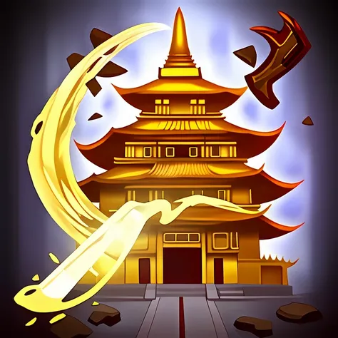 Awesome RPG icon of a golden pagoda with,arcane mana aura energy smokes,game asset trending on artstation