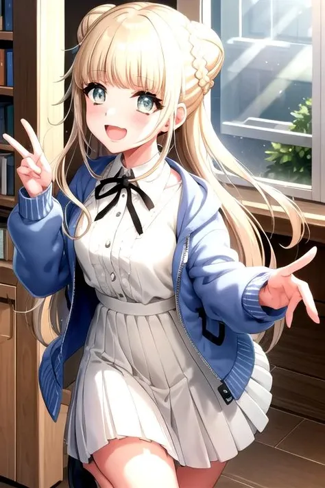 <lora:NoaFukushima-04:0.8>, kawaiimunichan, smile, open mouth, long sleeves, dress, holding, jacket, braid, :d, open clothes, indoors, hair bun, white dress, book, window, double bun, blue jacket, emphasis lines, open book, collared dress, megaphone