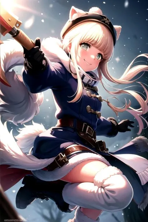 <lora:NoaFukushima-04:0.8>, kawaiimunichan, looking at viewer, smile, gloves, hat, holding, weapon, boots, belt, hood, holding weapon, tree, coat, fur trim, watermark, snow, winter clothes, mittens, axe, winter coat