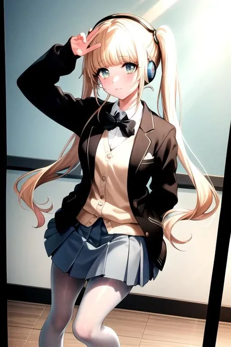 <lora:NoaFukushima-04:0.8>, kawaiimunichan, looking at viewer, skirt, shirt, long sleeves, twintails, closed mouth, school uniform , jacket, white shirt, pantyhose, pleated skirt, open clothes, shoes, collared shirt, black footwear, black jacket, black pantyhose, cosplay, headphones, low twintails, blazer, cardigan, green skirt, loafers, arms at sides, headphones around neck, blue cardigan