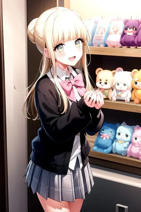 <lora:NoaFukushima-04:0.8>,kawaiimunichan, blush, smile, open mouth, skirt, shirt, long sleeves, bow, holding, school uniform, white shirt, :d, sidelocks, pleated skirt, collared shirt, indoors, hair bun, blue skirt, plaid, sparkle, plaid skirt, stuffed toy, cardigan, stuffed animal, teddy bear, +_+, holding stuffed toy, shop, toy