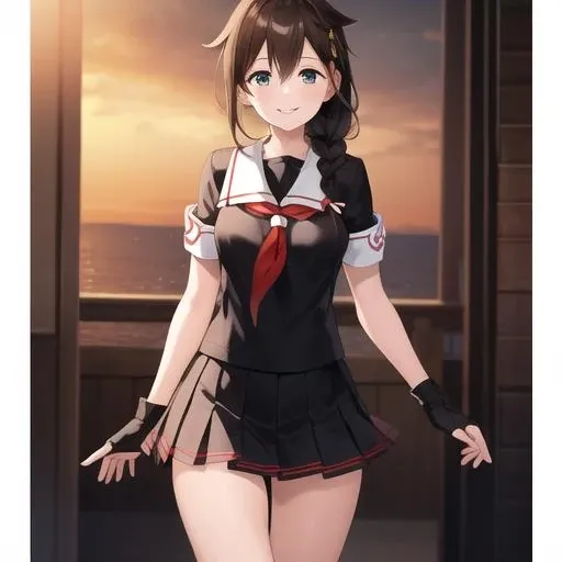 (masterpiece, best quality:1.2),illustration,8k,hd,1girl,solo,cowboy shot,long hair,single braid,black serafuku,black school uniform,pleated skirt,fingerless gloves,smile,<lora:Shigure(kan)>,