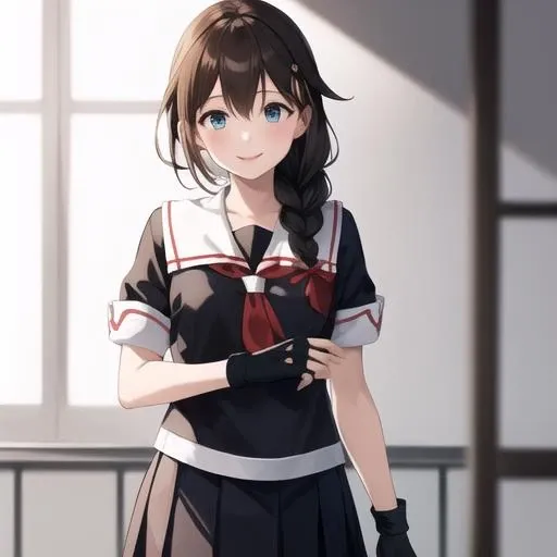 (masterpiece, best quality:1.2),illustration,8k,hd,1girl,solo,cowboy shot,long hair,single braid,black serafuku,black school uniform,pleated skirt,fingerless gloves,smile,<lora:Shigure(kan)>,