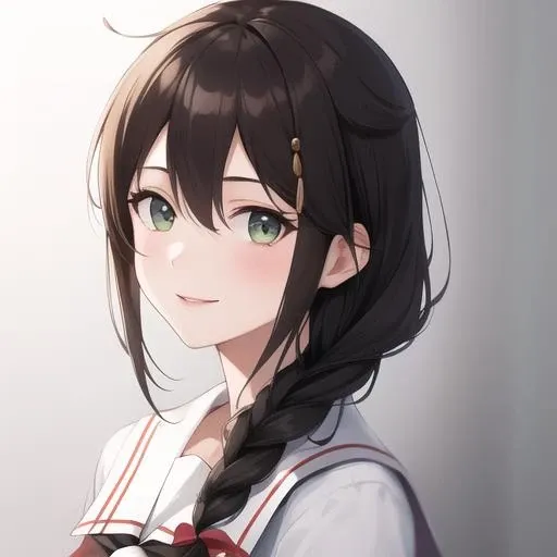 (masterpiece, best quality:1.2),illustration,8k,hd,1girl,solo,upper body,(portrait:1.2),long hair,single braid,black serafuku,black school uniform,pleated skirt,fingerless gloves,smile,<lora:Shigure(kan)>,