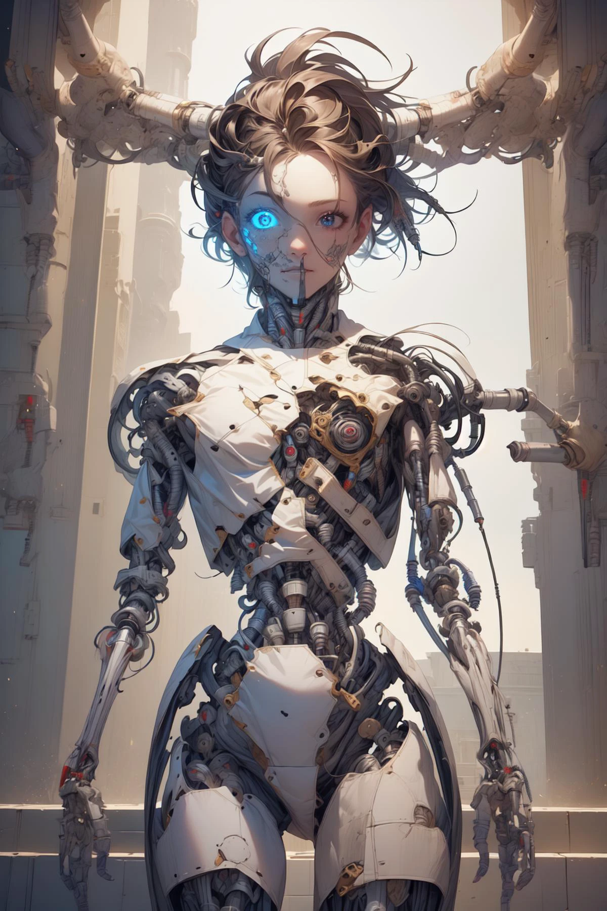 breathtaking full shot, full body, broken, (hacked arm:1.4), facing viewer, (looking at viewer:1.4), dynamic pose, <lora:reelmech1v2:1> reelmech, (mechanical parts:1.5), missing parts, dirty, leaking oil, (damaged:1.3), <lora:1mechabare:1> <lora:wrenchsmechs:0.3> wrenchsmechs, glowing blue mecha, damaged_skin face, damaged_skin eye socket, damaged_skin cheek, damaged_skin pelvis, nude, , masterpiece, award-winning, professional, highly detailed