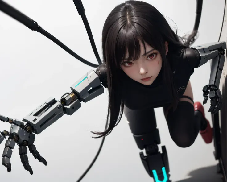 1girl, full body, solo, long hair, looking at viewer, blush, bangs, simple background, black hair, white background, red eyes,
volume light, best shadow,cinematic lighting, Depth of field, dynamic angle, Oily skin, wires, (damaged, amputee, mechanical parts, severed hand, android, mechabare), <lora:mechabare:0.46:TEST>