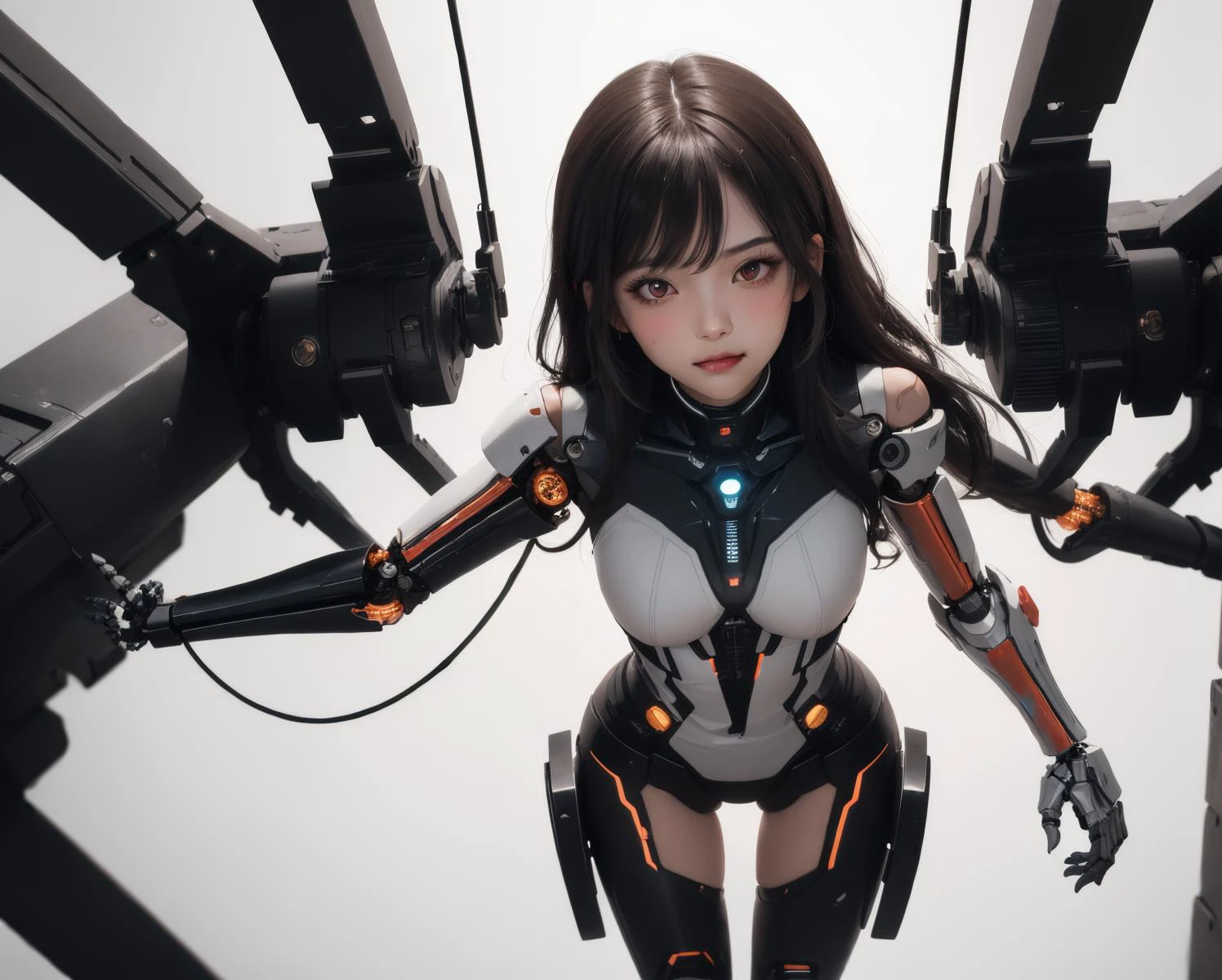 1girl, full body, solo, long hair, looking at viewer, blush, bangs, simple background, black hair, white background, red eyes,
volume light, best shadow,cinematic lighting, Depth of field, dynamic angle, Oily skin, wires, (damaged, amputee, mechanical parts, severed hand, android, mechabare), <lora:mechabare:0.2:TEST>