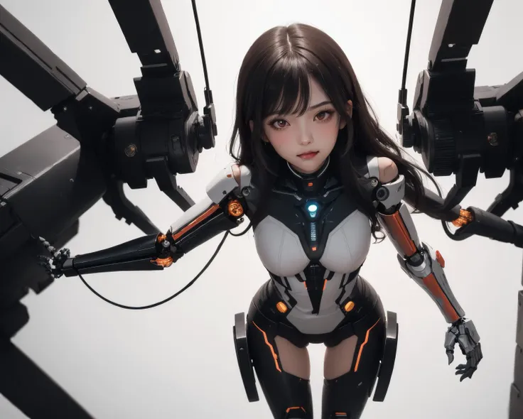 1girl, full body, solo, long hair, looking at viewer, blush, bangs, simple background, black hair, white background, red eyes, 
volume light, best shadow,cinematic lighting, Depth of field, dynamic angle, Oily skin, wires, (damaged, amputee, mechanical parts, severed hand, android, mechabare), <lora:mechabare:0.2:TEST>