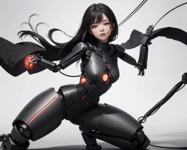 1girl, full body, solo, long hair, looking at viewer, blush, bangs, simple background, black hair, white background, red eyes, 
volume light, best shadow,cinematic lighting, Depth of field, dynamic angle, Oily skin, wires, (damaged, amputee, mechanical parts, severed hand, android, mechabare), <lora:mechabare:0.46:TEST>