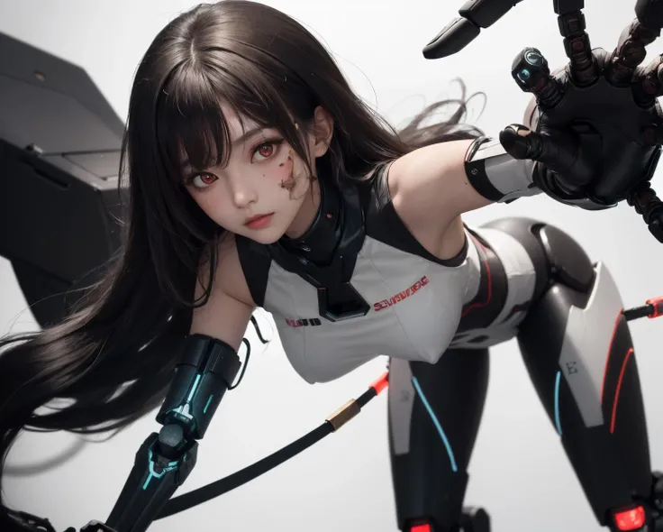 1girl, full body, solo, long hair, looking at viewer, blush, bangs, simple background, black hair, white background, red eyes, 
volume light, best shadow,cinematic lighting, Depth of field, dynamic angle, Oily skin, wires, (damaged, amputee, mechanical parts, severed hand, android, mechabare), <lora:mechabare:0.6:TEST>