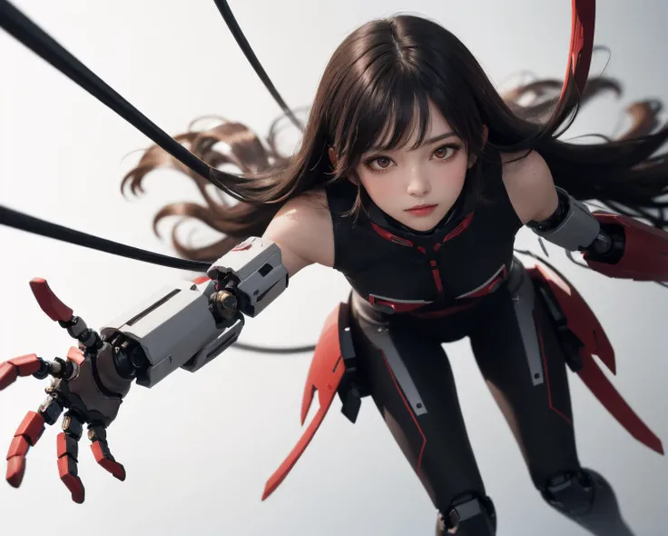 1girl, full body, solo, long hair, looking at viewer, blush, bangs, simple background, black hair, white background, red eyes,
volume light, best shadow,cinematic lighting, Depth of field, dynamic angle, Oily skin, wires, (damaged, amputee, mechanical parts, severed hand, android, mechabare), <lora:mechabare:0.2:TEST>