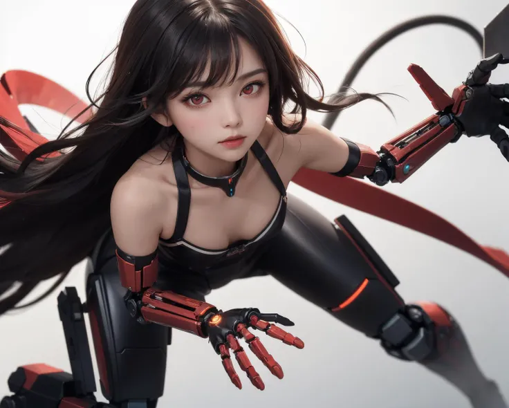 1girl, full body, solo, long hair, looking at viewer, blush, bangs, simple background, black hair, white background, red eyes,
volume light, best shadow,cinematic lighting, Depth of field, dynamic angle, Oily skin, wires, (damaged, amputee, mechanical parts, severed hand, android, mechabare), <lora:mechabare:0.2:TEST>