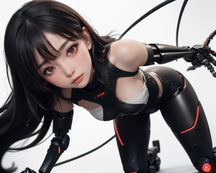 1girl, full body, solo, long hair, looking at viewer, blush, bangs, simple background, black hair, white background, red eyes, 
volume light, best shadow,cinematic lighting, Depth of field, dynamic angle, Oily skin, wires, (damaged, amputee, mechanical parts, severed hand, android, mechabare), <lora:mechabare:0.46:TEST>