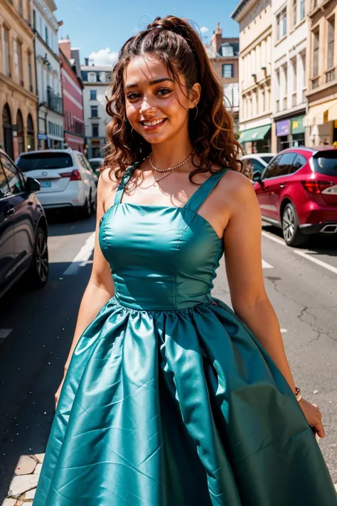 lenasituations, a woman smiling, wearing a dress <lora:lenasituations:0.9>