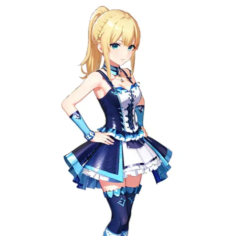 1girl, idol clothes, solo, blonde hair, white background, ponytail, hand on hip, smile, cleavage, full body, asymmetrical legwear, standing, looking at viewer, medium breasts, single thighhigh, socks, closed mouth, white footwear,<lora:icre2-000008:0.75>