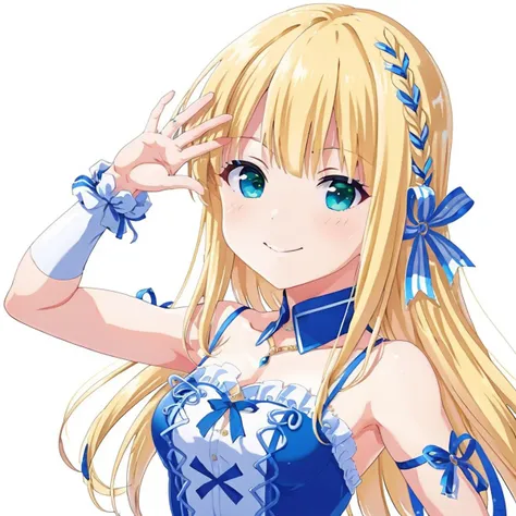 ichinoserei2, 1girl, solo, smile,upper body, looking at viewer, detached collar, hair ribbon, arm up, idol clothes, collarbone, closed mouth, blunt bangs, blue ribbon, hair ornament,highly detailed, <lora:icre2-000006:0.6>