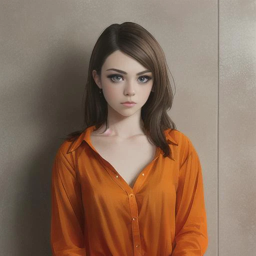 a woman is standing against a wall, realistic, close up, photorealistic, solo, (((orange_shirt))), Imogen Dyer <hypernet:ImogenModelV2.1:1.5>