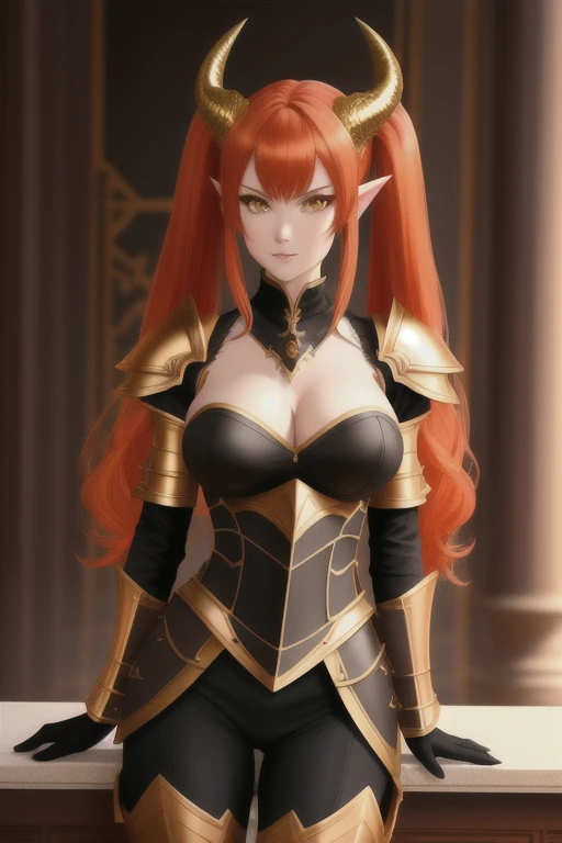 masterpiece, beautiful lighting, illustration, 1girl, dragon horns, big hair, twintails, (red hair:1.1), (orange inner hair:1.1), messy hair, yellow eyes, dragon scale full armor, skin tight, impossible clothes, medium breasts, pointy ears, (mature female:1.1), toned, fit, black gloves, red scaly colored skin, smug, contrapposto, standing, beautiful royal room, armor,