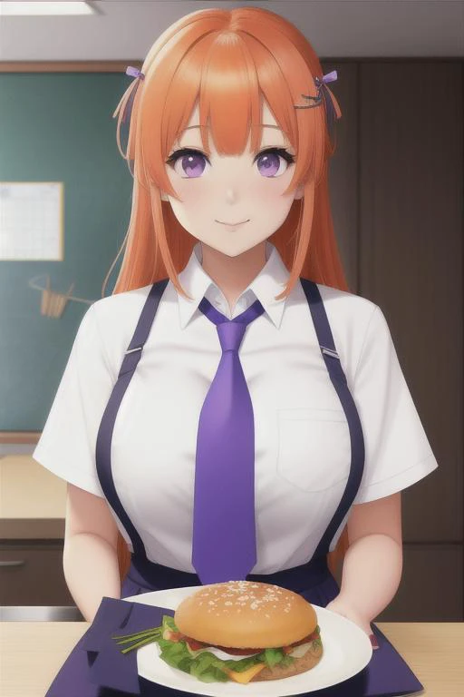 1girl, anime screencap, asymmetrical bangs, bangs, blue neckwear, breasts, eating, food, hair ornament, highres, holding, holding_food, large breasts, looking down, mieruko-chan, necktie, orange_hair, purple eyes, school uniform, screencap, shirt, stitched, white_shirt, yurikawa hana
