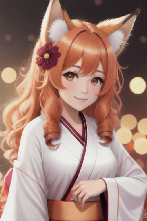 masterpiece, best quality, highly detailed, 1girl, solo, (:3:0.9), animal ear fluff, animal ears, orange hair, fluffy hair, blush, brown eyes, flower, fox ears, fox girl, gradient, gradient background, hair flower, hair ornament, japanese clothes, kimono, looking at viewer, miko, smile, solo, white kimono, beautiful lighting, (Lovis Corinth:1.3)