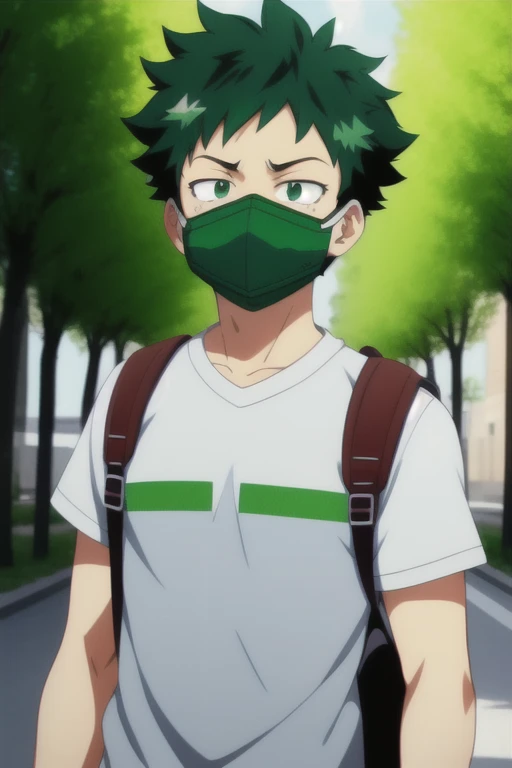 anime screencap, ((1boy)), backpack, bag, boku no hero academia, freckles, green eyes, green hair, horikoshi kouhei, mask, midoriya izuku, mouth mask, screencap, street, wall, trees