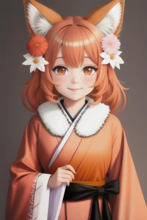 masterpiece, best quality, highly detailed, 1girl, solo, (:3:0.9), animal ear fluff, animal ears, orange hair, fluffy hair, blush, brown eyes, flower, fox ears, fox girl, gradient, gradient background, hair flower, hair ornament, japanese clothes, kimono, looking at viewer, miko, smile, solo, white kimono, beautiful lighting, (Lovis Corinth:1.3)