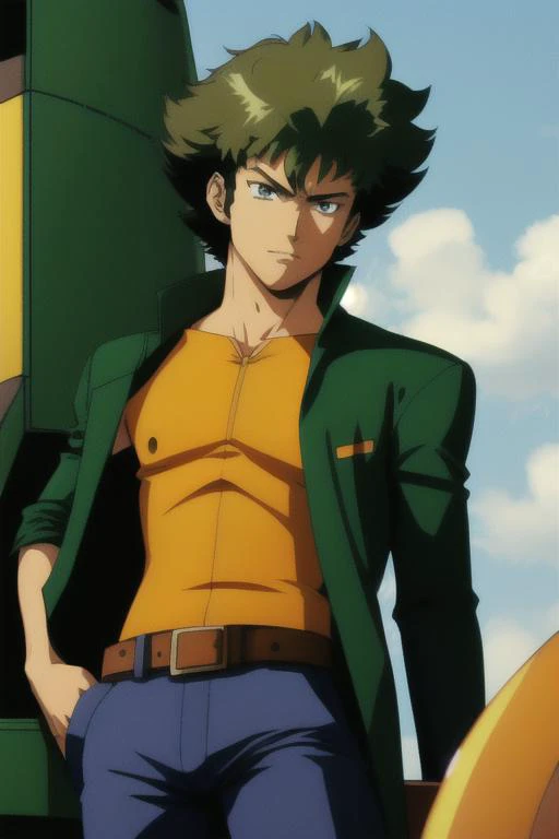 cowboy_bebop, Spike_Spiegel \(cowboy bebop\), cowboy_bebop style, spaceship, shrugging, tall, slim, dark green hair and brown eyes, suit, Spike_Spiegel, bounty hunter, on a spaceship, anime screencap, 2000s \(style\), slothful, nonchalant, indifferent, and lazy, Laid-back, fearless, and quick-thinking