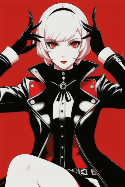 ranni the witch, (persona5 styles), persona5 theme, persona background, white_outline on character, high quality, 1girl, city background, beautiful face, red color theme, black color theme