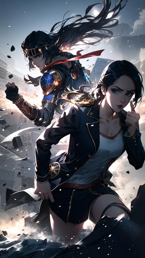 <lora:Stand:1> stand \(jojo\), person behind, 2girls, pointing at viewer, serious, BREAK, masterpiece, best quality, extremely detailed, highly quality, 4k, sharp focus, professional, sharp focus, award winning, cinematic lighting, octane render, unreal engine, volumetrics dtx, Wallpaper,
