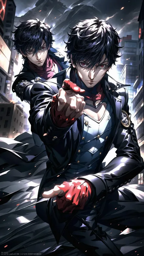 <lora:Stand:1> stand \(jojo\), person behind, 2boys, pointing at viewer, serious, BREAK, <lora:Joker, Ren Amamiya - Persona 5:0.7> dsjoker, 1boy, thief mask, red gloves, black coat,, masterpiece, best quality, extremely detailed, highly quality, 4k, sharp focus, professional, sharp focus, award winning, cinematic lighting, octane render, unreal engine, volumetrics dtx, Wallpaper,