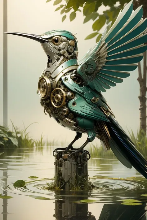 ((masterpiece)), ((best quality)), 8k, high detailed, ultra-detailed, A mechanical bird, harmoniously integrated into the beauty of nature, capturing the balance between technology and the environment, mechanical bird, ((nature)), ((harmonious integration)), ((technology and environment balance)), metallic feathers, gear mechanisms, perched on tree branch, fluttering leaves, sun rays through canopy, reflection in a pond. <lora:MechanicalBird:0.8>,